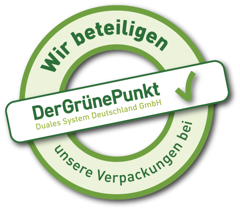 Grüner-Punkt Grüner Punkt mit Text "Wir beteiligen uns an unseren Verpackungen" in einem Siegel-Design.